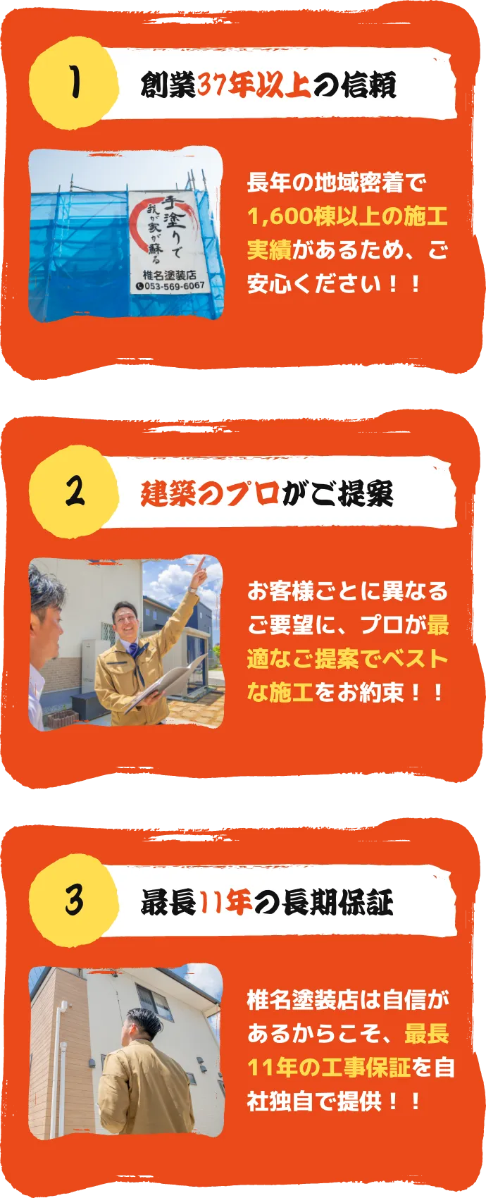 ①創業37年以上の信頼②建築のプロがご提案③最長11年の長期保証
